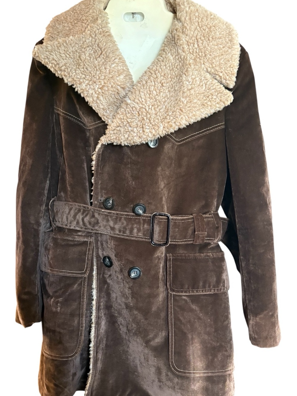 Vintage 1970’s- early 1980’s Men's Brown Suede Shearling Trench Coat with Belt